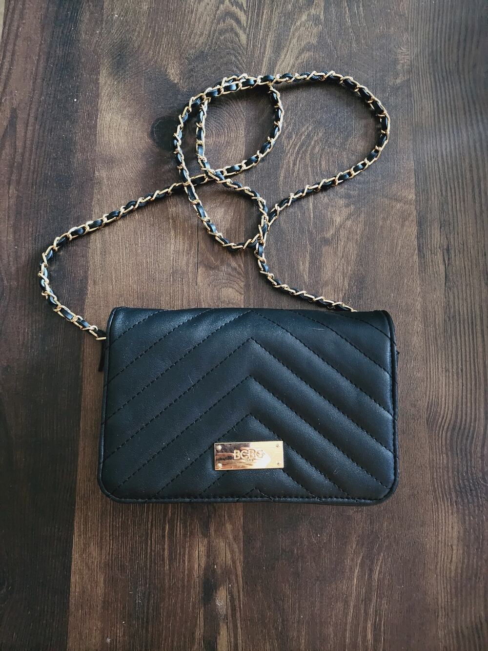 BCBG Paris Black Quilted Gold Chain Strap Crossbody Handbag Purse